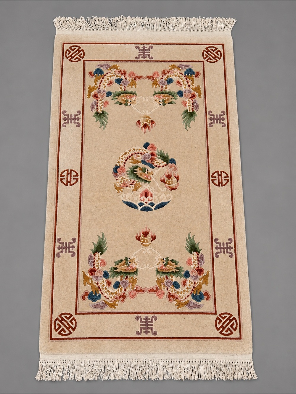 Vintage Oriental Style Wool Area Rug in Beige with Multicolor Accents & Dragons